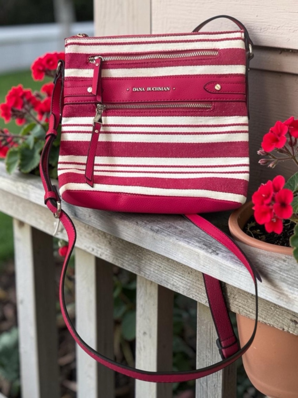 Dana Buchman‎ Pink Striped Everly Women's Crossbody Bag With 2 Front Pockets.